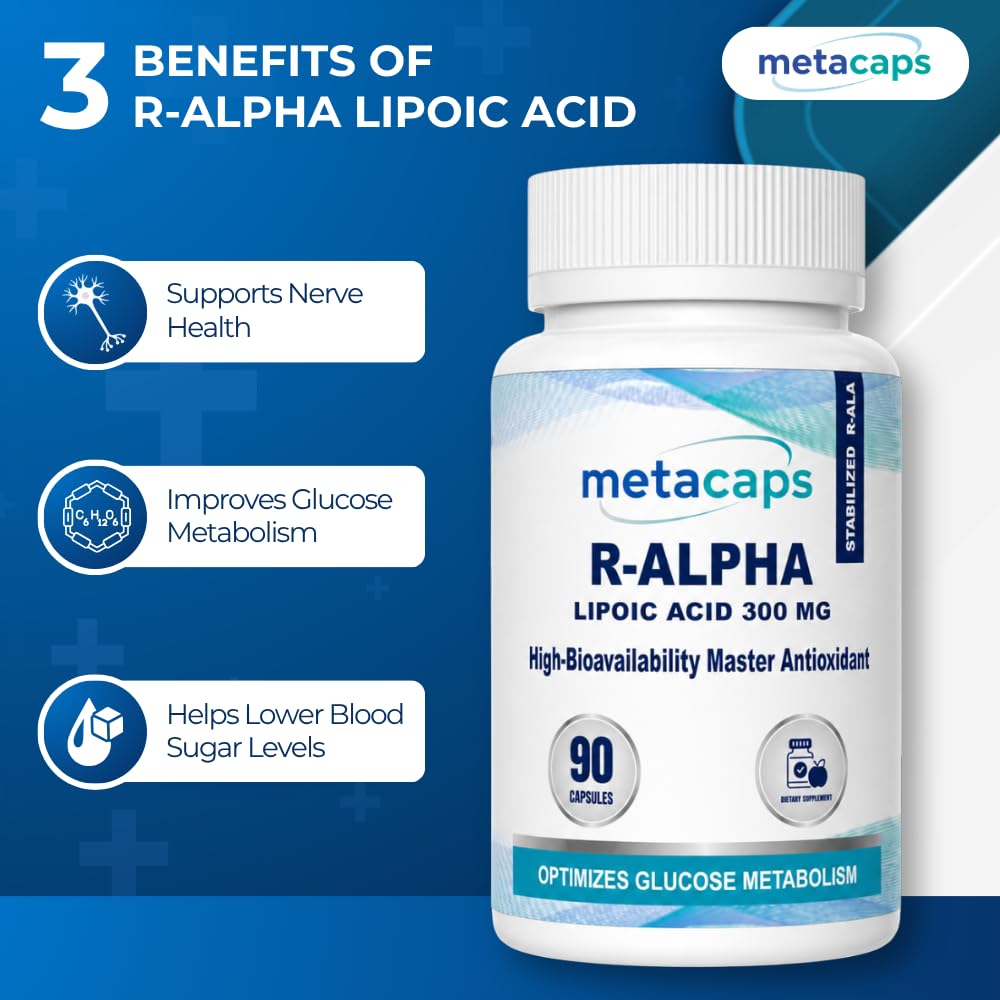 MetaCaps High-Absorption R-Alpha Lipoic Acid (R-ALA) 300mg – 90 Veg Capsules | Stabilized Bio-Enhanced Formula | Advanced Nerve Support & Glucose Metabolism | Master Antioxidant for Cellular Energy | Non-GMO & Vegan