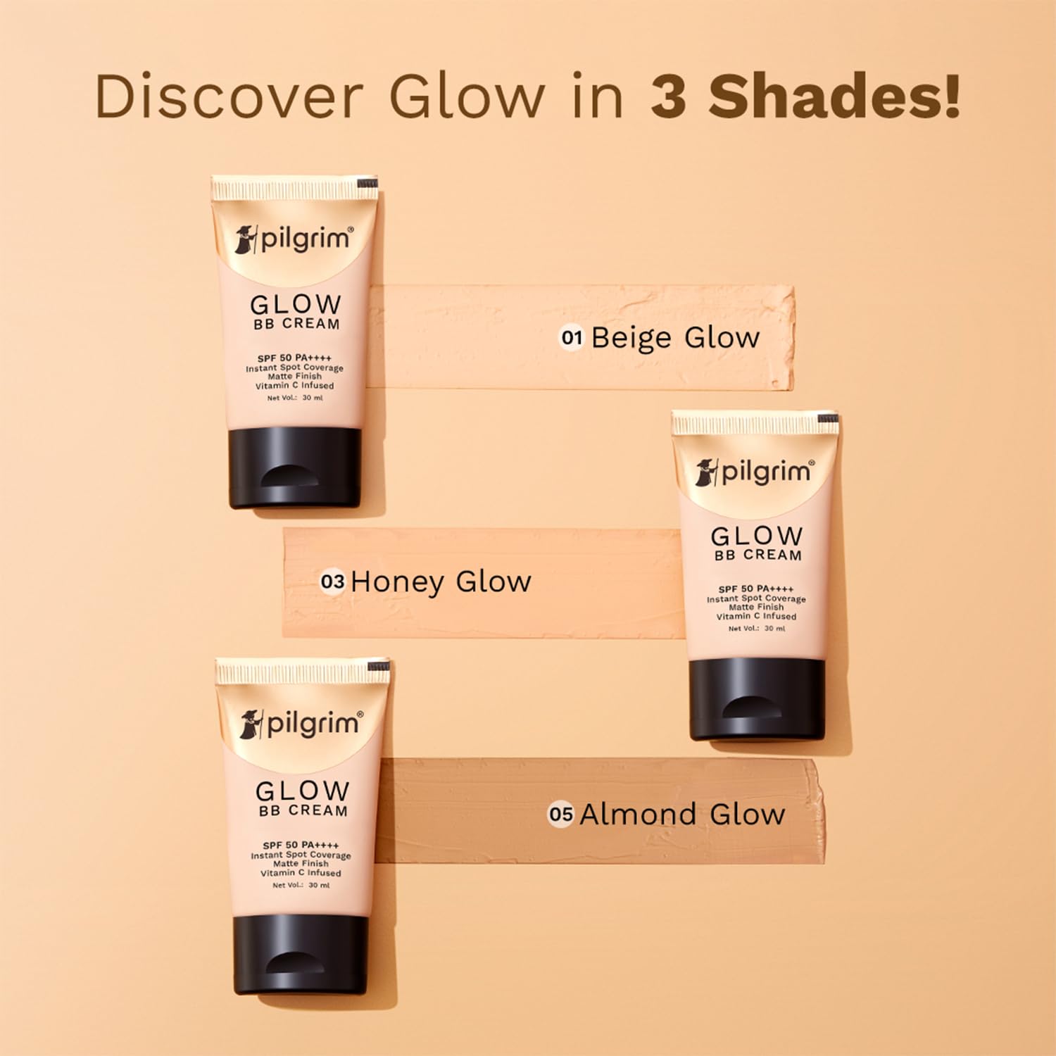 Pilgrim Beige Glow 3-In-1 Natural Bb Cream Medium Coverage For All Skin Types Spf 50 Pa++++ With Niacinamide, Hyaluronic Acid & Vit C - 30G, Pack Of 1