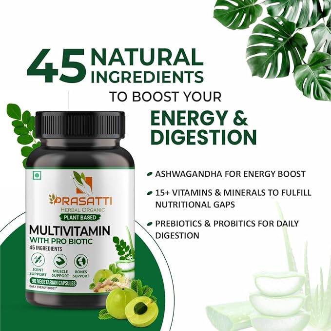 Prasatti Herbal Organic Plant Based Multivitamin Capsules - 90 Veg Caps