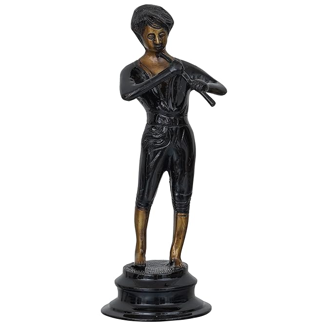 Ecraftindia Brown & Golden Man Playing Musical Instrument Antique Finish Handcrafted Decorative Brass Showpiece