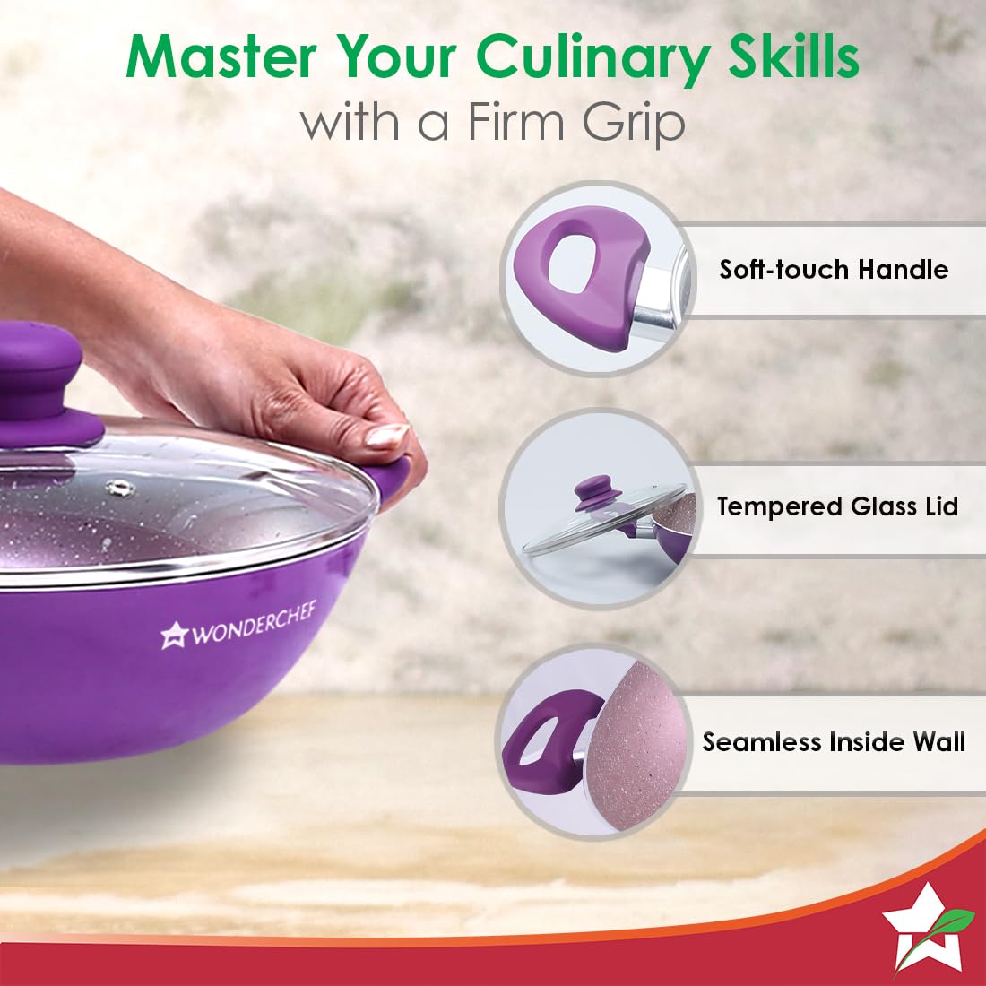 Wonderchef Royal Velvet Non-stick 24cm Kadhai with Lid and Handles | Glass Lid