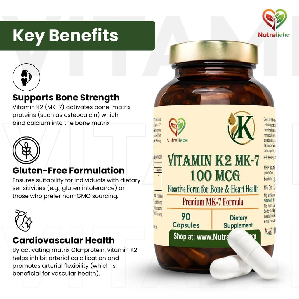 Nutraliebe Vitamin K2 (as MK-7 Menaquinone-7) â€“ High Bioavailability Formula for Bone Strength, Calcium Absorption & Heart Health | Supports Arterial Flexibility | 90 Veg Capsules | Non-GMO & Gluten-Free