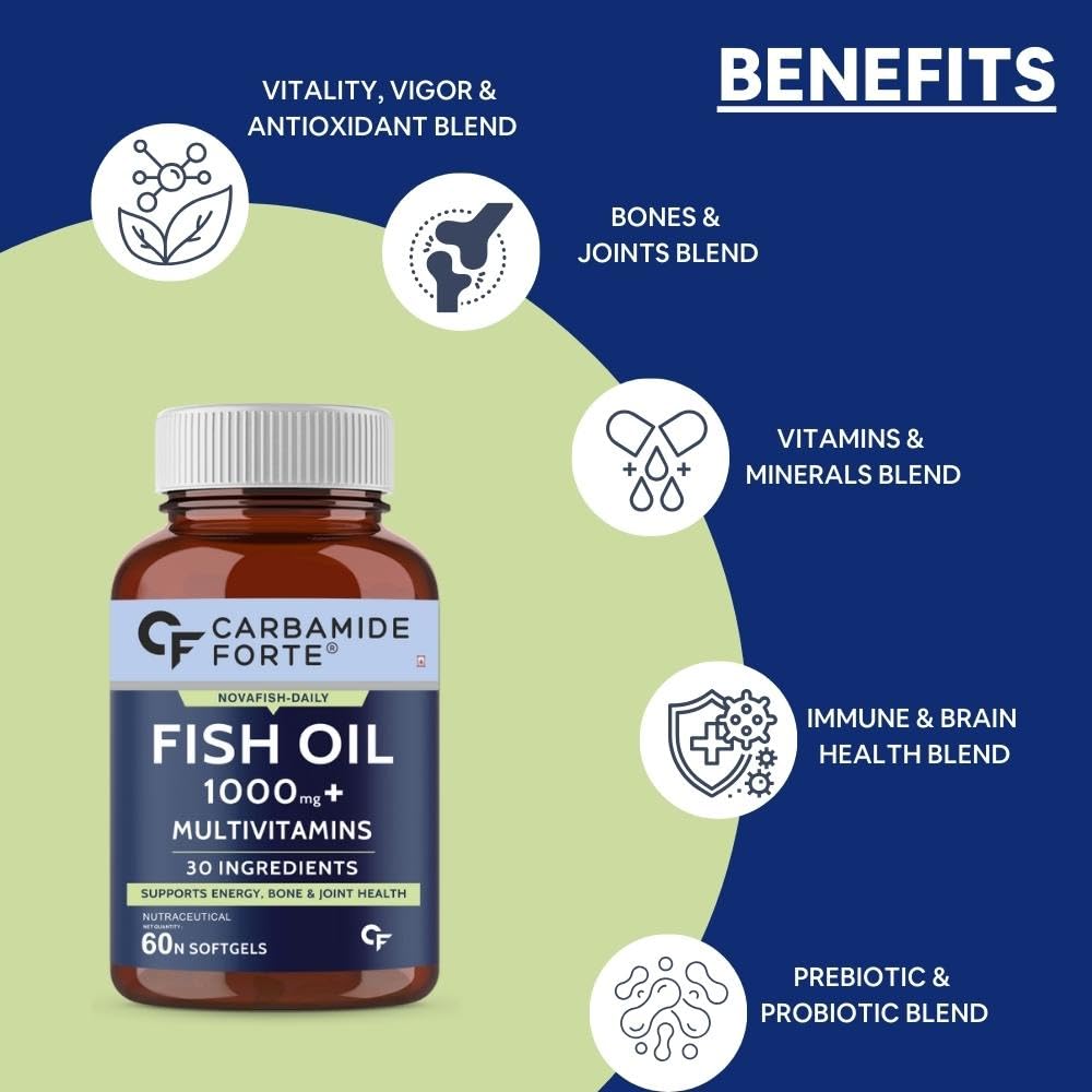 Carbamide Forte Fish Oil with Multivitamin and Omega 3 1000mg Capsules for Men & Women | Fish Oil And Multivitamin Combo with 30 Ingredients - 60 Softgel Capsules, 110 grams