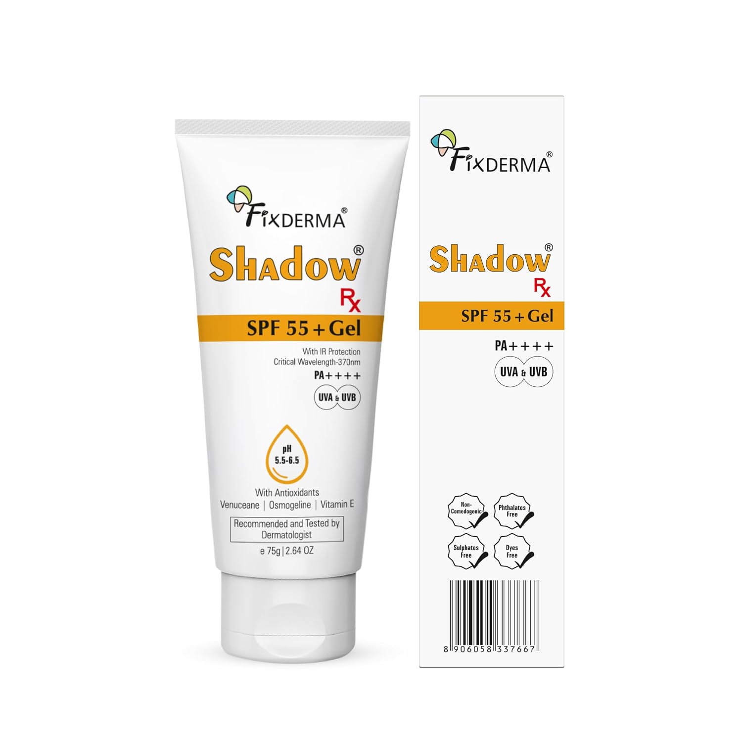 Fixderma Shadow RX Sunscreen SPF 55+ Gel PA++++ for Oily Skin | Sunscreen for Body & Face with UVA, UVB, IR Protection and Vitamin E - 75gm