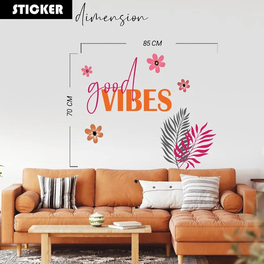 Kotart Pink and Orange Flowers and Leaf Good Vibes Printed Wall Stickers