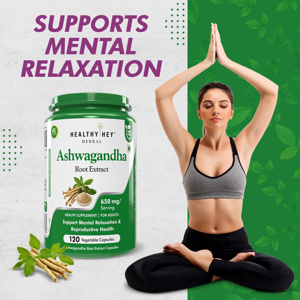 HealthyHey Herbal Ashwagandha root extract - 650 mg per serving - 120 vegetable capsules