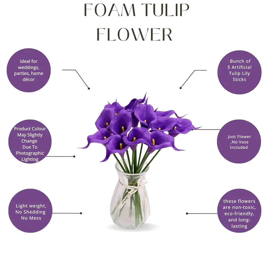 Artificial Foam Tulip Lily Flower Sticks 5 Pcs Purple
