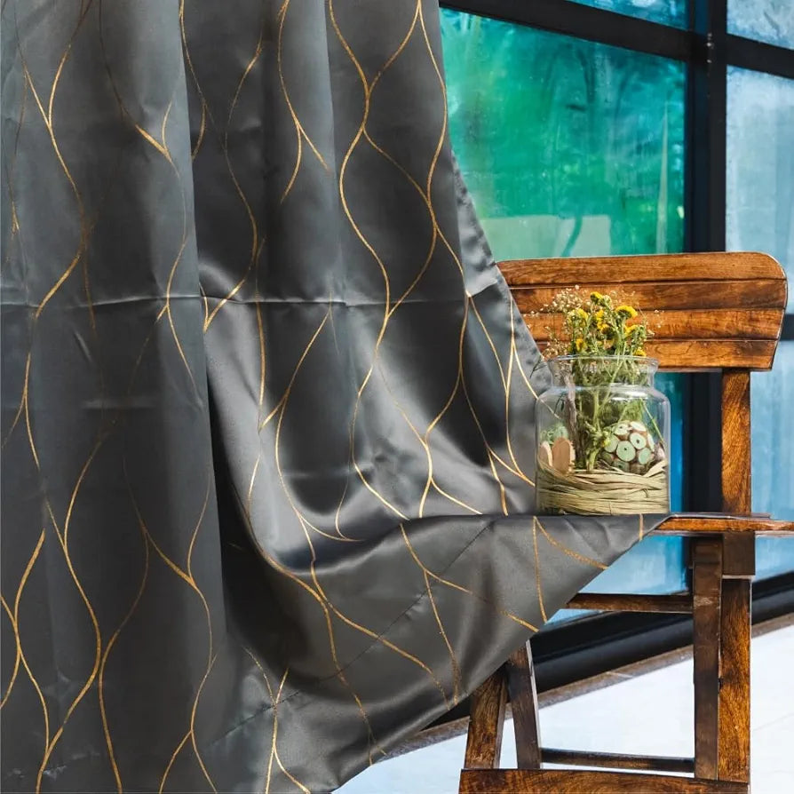 Urban Space Blackout Curtain for Living Room, Gold Foil Printed Luxurious Blackout Decorative Curtain Eyelet with Tieback Curtains 1 Piece Wave Stone Gray
