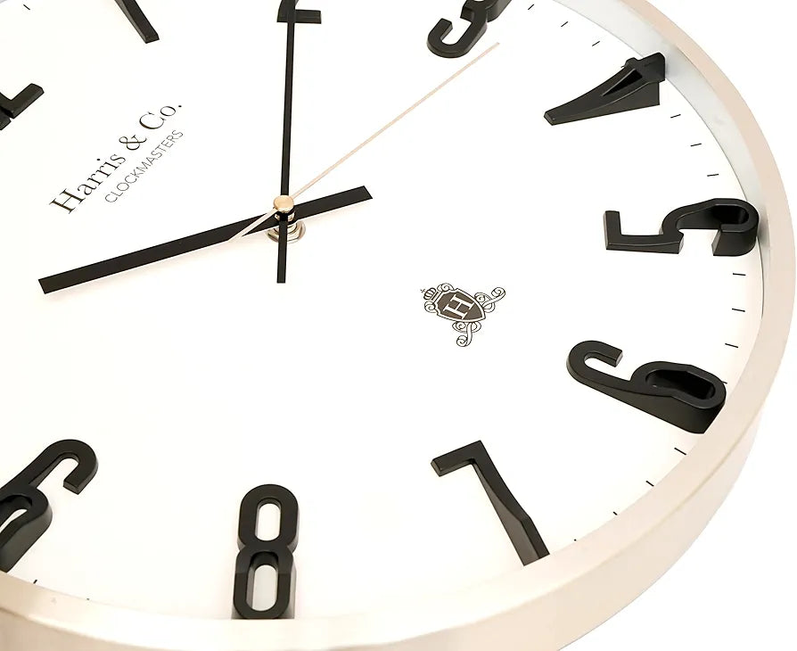 Harris & Co. Clockmasters Silent Sweep Noiseless Technology Analog Wall Clock With Black 3d Numbers Champagne Gold