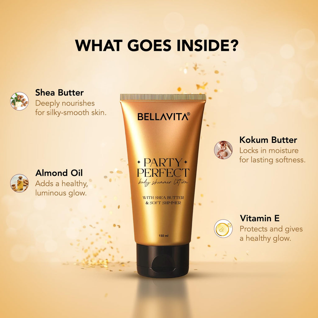 BELLAVITA Party Perfect Body Shimmer Lotion | Instant 3D Glow | Party-Ready Sheen | Butter-Rich Deep Hydration | Lightweight & Non-Sticky | 150ml