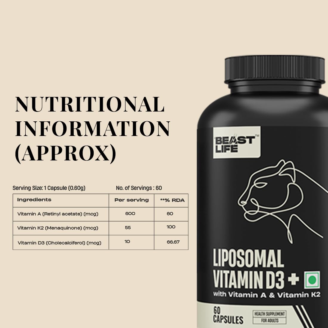 BeastLife Liposomal Vitamin D3 Plus with Vitamin A & Vitamin K2 | for Immune Support, Bone Health & Absorption | Skin Support | Calcium Utilization & Arterial Health |Max Bioavailability | 60 Capsules