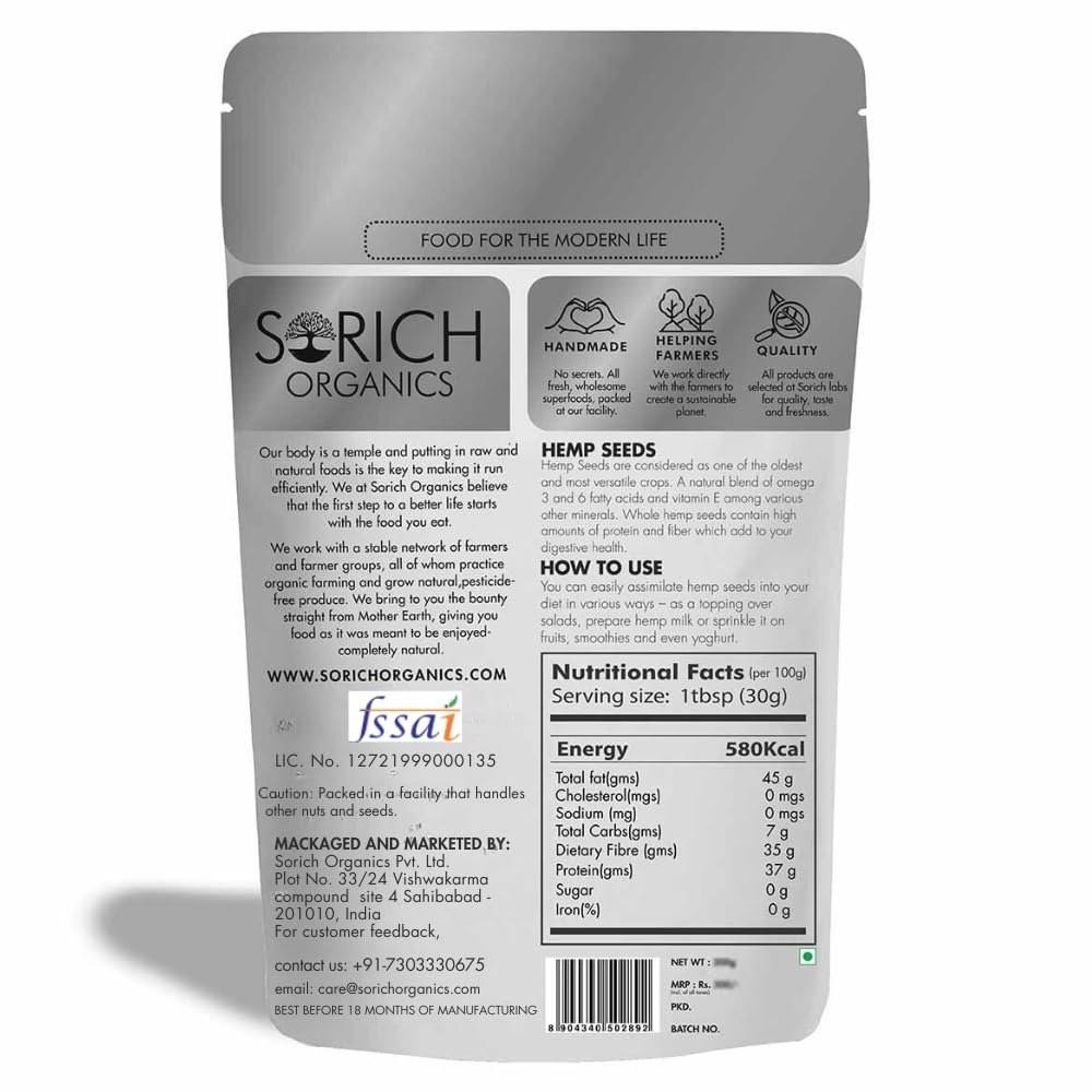 Sorich Organics Hemp Hearts Seed 200g – Raw, Shelled Hemp Seeds | High Protein, Omega 3 & 6 | Keto, Vegan, Gluten-Free Superfood, Great for Smoothies & Salads.