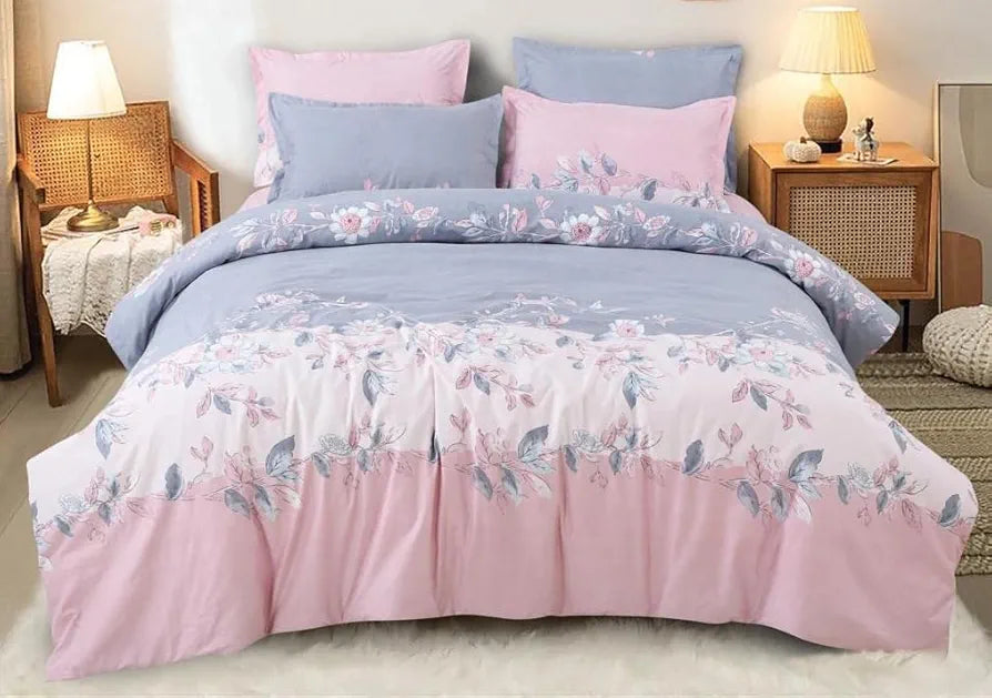 The Home Style 400 TC Cotton Elastic Fitted All Around Printed Queen Size Double Bed Bedsheet wih 2 Pillow Cover Pink Lavender
