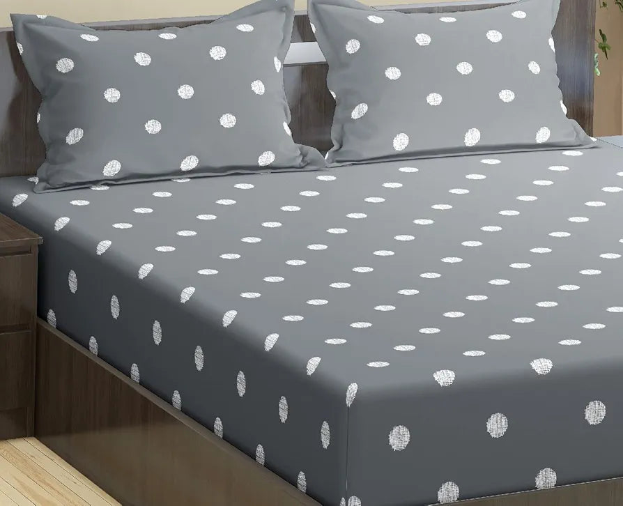 Trance Home Linen 300Tc Cotton 78"X60" Standard Queen Size Elastic Fitted Bedsheet Printed Queen Bed Size With 2 Pillow Covers 300 TC Colour Grey White Circles