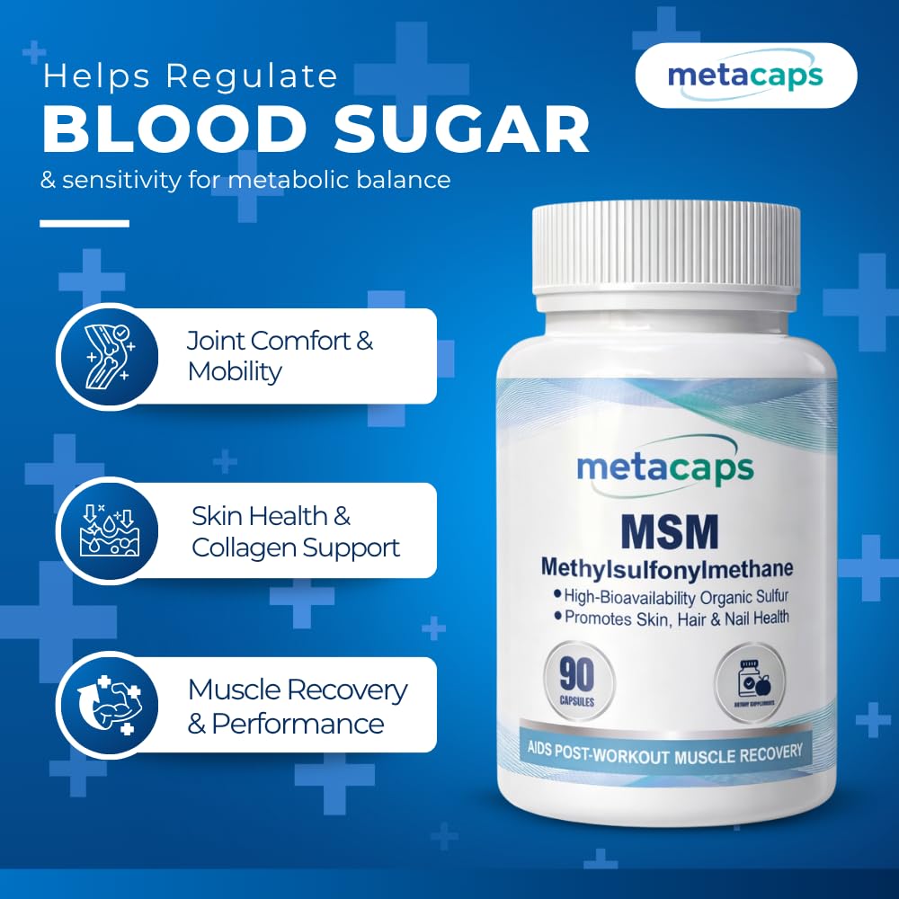 MetaCaps Pure MSM (Methylsulfonylmethane) 580mg – 90 Veg Capsules | High-Purity Organic Sulfur | Advanced Joint Comfort, Skin Health & Collagen Support | Supports Detoxification & Muscle Recovery | Non-GMO & Vegan
