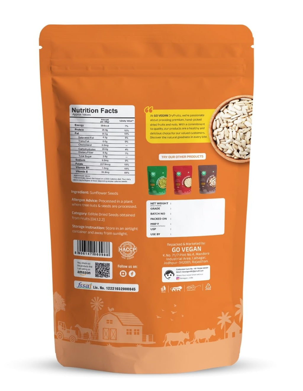 Go Vegan Seeds Combo – Chia, Flax, Sunflower & Pumpkin Seeds -250gm Each | High Fiber & Protein | Plant-Based, Vegan, Keto-Friendly | Resealable Packs – 4 x 250g
