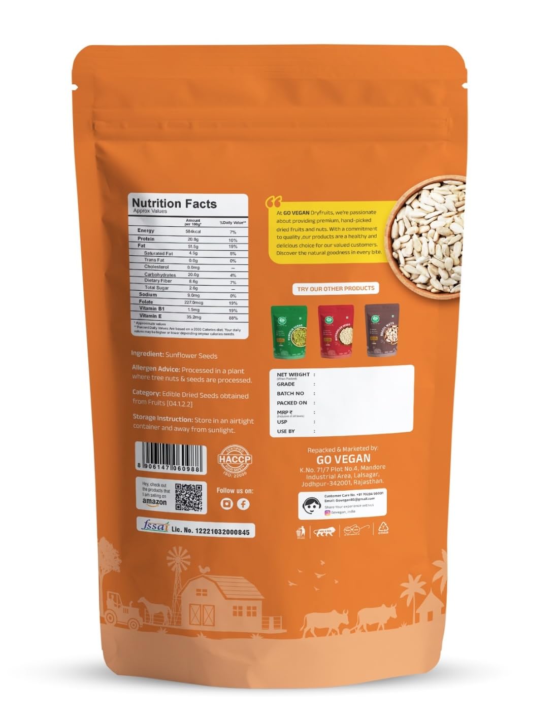 Go Vegan Seeds Combo – Chia, Flax, Sunflower & Pumpkin Seeds -250gm Each | High Fiber & Protein | Plant-Based, Vegan, Keto-Friendly | Resealable Packs – 4 x 250g