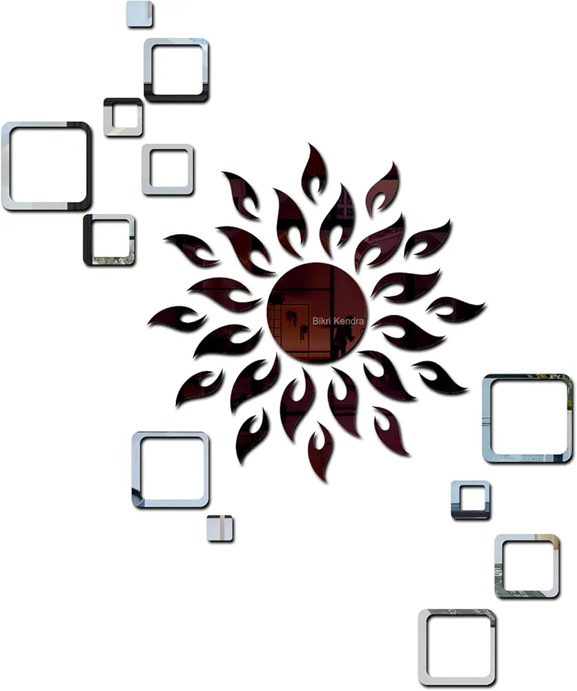 Bikri Kendra Sun Brown with 2set Square Silver Mirror Sticker for Wall 3D Wall Sticker