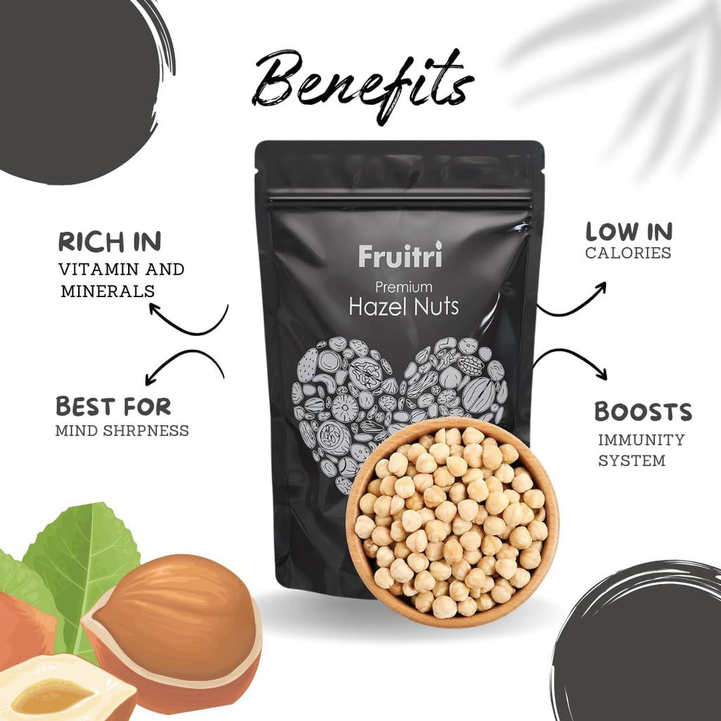 Fruitri Premium Crunchy Turkish Hazelnut Nuts, Raw Hazel Nuts for Snacking & Baking, Jumbo Size, Healthy Nuts Packed with Nutrients, Raw & Dehulled For Making Chocolate Spread, Dry Fruits