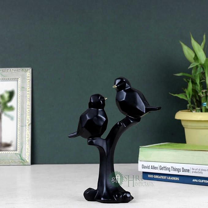 Indicast 8" Inch Abstract Black Pair of Bird on Tree Sculpture Figurine Handicraft Home Desk Decor | Black