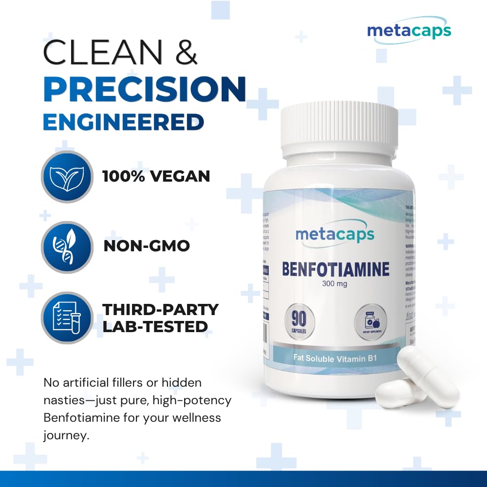 MetaCaps Benfotiamine 300mg Supplement – 90 Veg Capsules | High Absorption Fat-Soluble Vitamin B1 | Supports Nerve Health, Sugar Metabolism & Cellular Energy | Non-GMO & Vegan Friendly