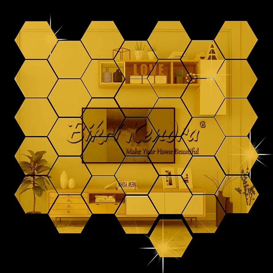 Bikri Kendra 32 Hexagon with 20 Butterfly Golden Stickers for Wall Hexagon Mirror Acrylic Mirror