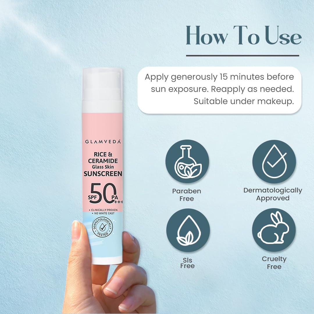 Glamveda Rice & Ceramide Dewy Sunscreen SPF 50 PA+++ | Transparent, Ultra lightweight gel cream | No White Cast, Water & Sweat Proof | For Dry & Sensitive Skin Types 50 ml