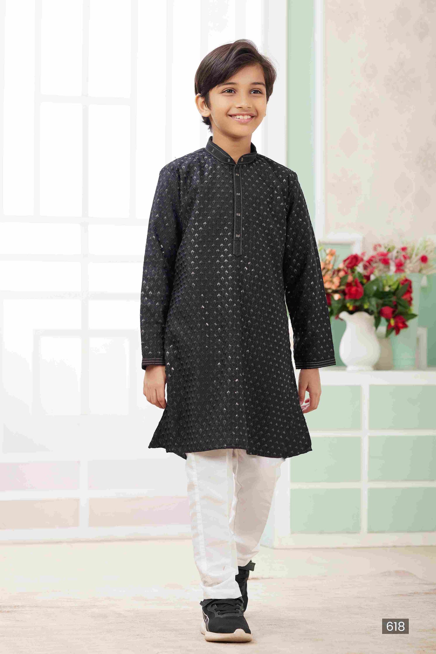 Raivat Ethnic Art Silk Embroidery Work Kids Kurta Pajama In Black Colour