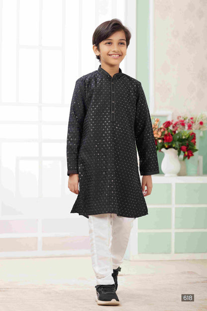 Raivat Ethnic Art Silk Embroidery Work Kids Kurta Pajama In Black Colour