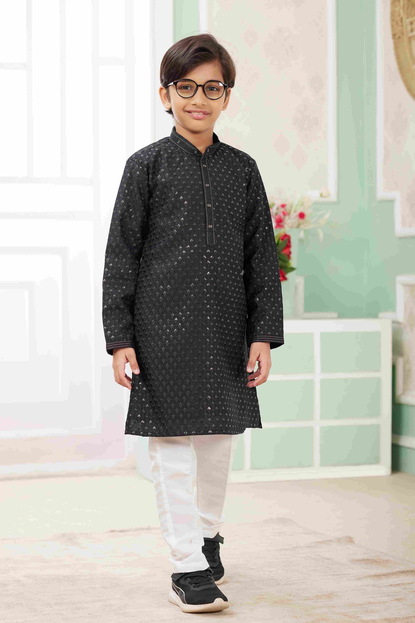Raivat Ethnic Art Silk Embroidery Work Kids Kurta Pajama In Black Colour