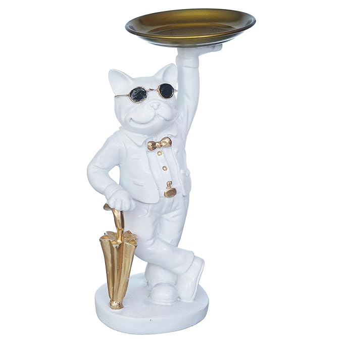 Ecraftindia White Bulldog Statue in Glasses Holding Golden Umbrella and Tray in Hands Table Top Decorative Showpiece