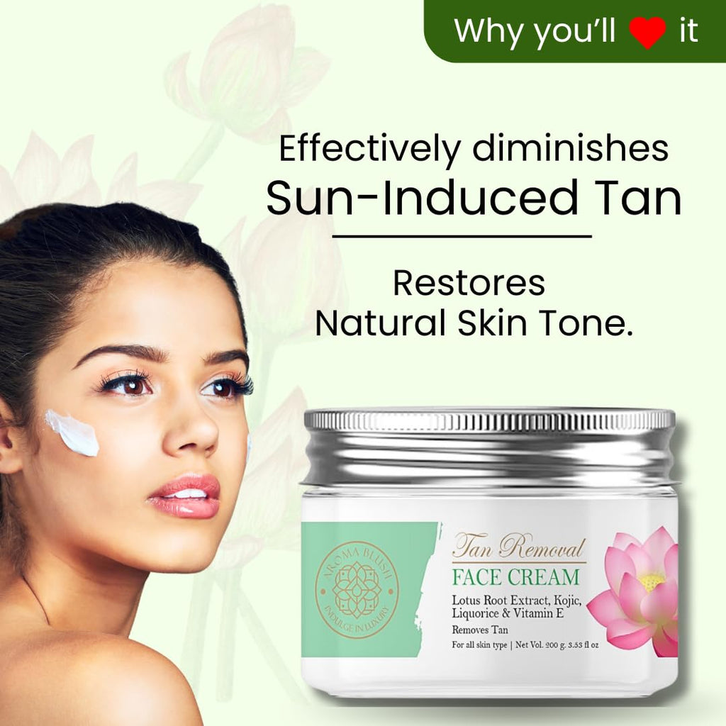 Aromablush - Tan Removal Face Cream | Liquorice, Lotus Root, Kojic Acid & Vitamin E | Tan Removal | Brightening & Hydrating | Even Tone | Anti-Aging | Dermatologist-Tested & Cruelty-Free | 200ml