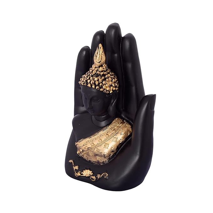 Ecraftindia Golden Handcrafted Palm Buddha Polyresin Showpiece | Black