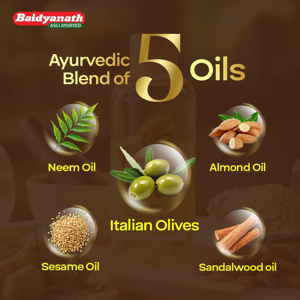 Baidyanath Oli Oil | Herbal Body Oil with Italian Olive Oil, Almond Oil, Neem, Sandalwood & Sesame Oils, Haldi & 5 Herbs | With Vit E & Antioxidants | Nourishes Dry Skin, Non-Sticky & Fast Absorbing | 500ml