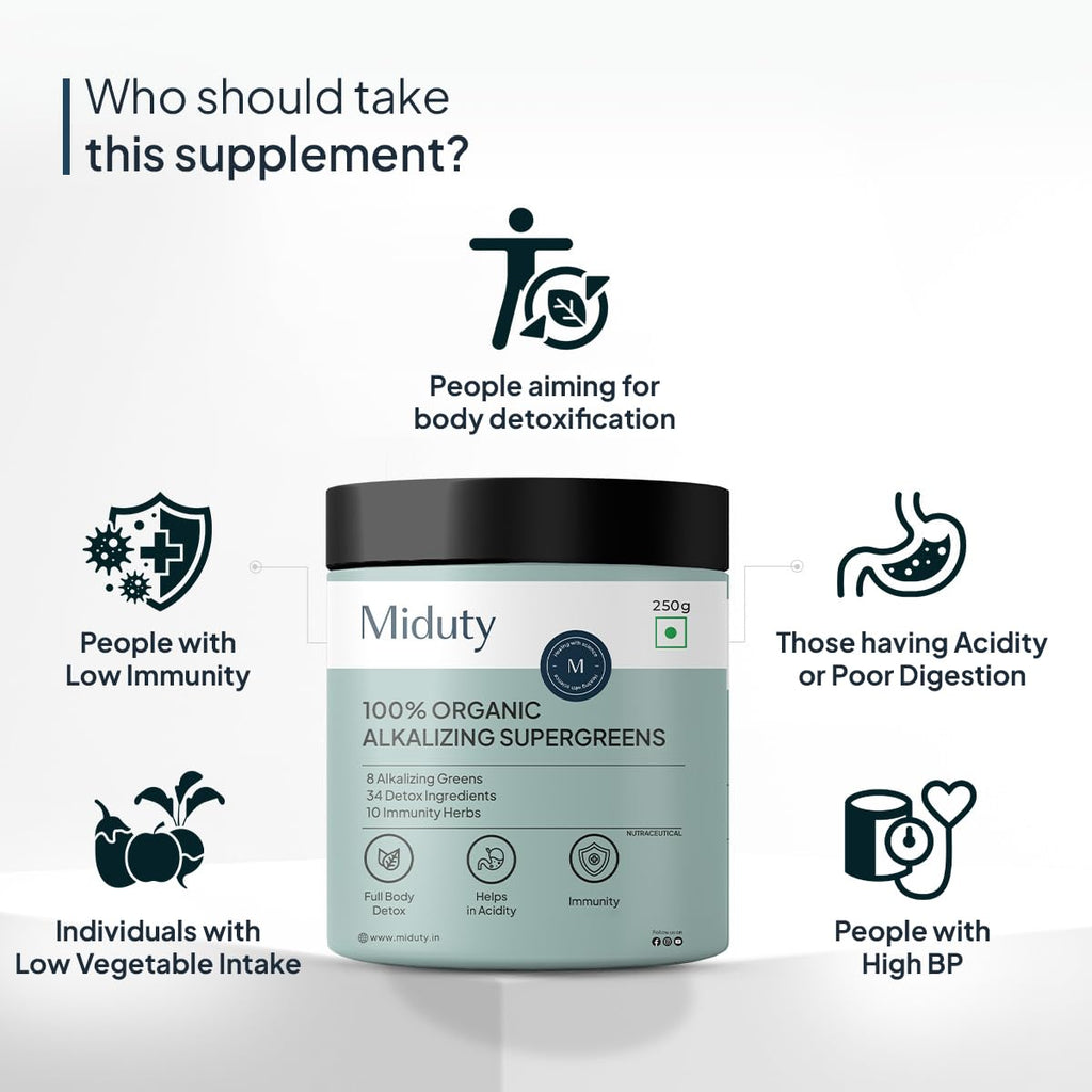 Miduty Palak Notes 100% Organic Super Greens Powder Alkalizing with Wheat Grass, Spirulina, Green Tea, and Moringa Leaves - Ultimate Body Detox & Weight Loss Support - 250 grams