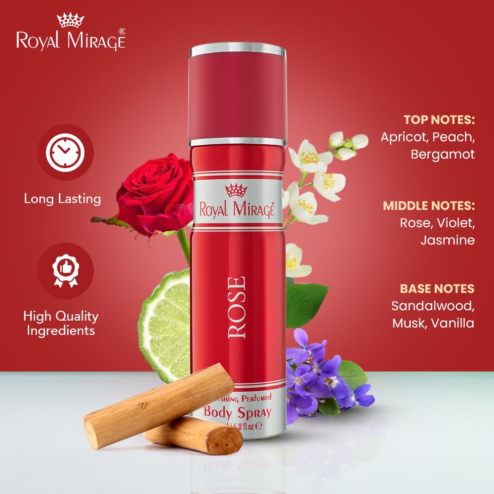 Royal Mirage Rose Body Spray | Perfume for Women | Floral & Fruity Fragrance | Long-Lasting Scent | Peach, Rose & Vanilla Notes | Romantic & Feminine Scent | Birthday Gift for Women | 200ml