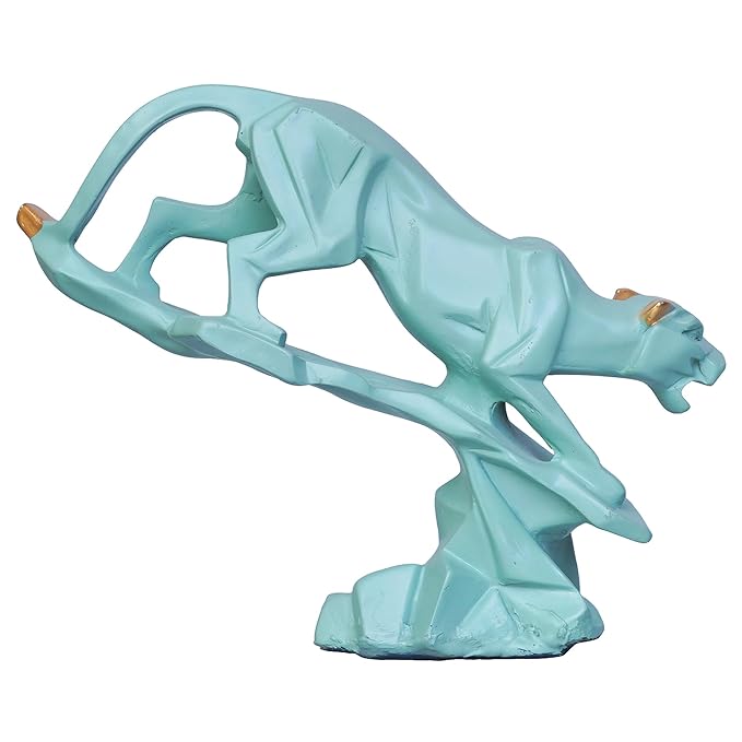Ecraftindia Green Polyresin Black Panther Jaguar Statue on Rock Animal Showpiece