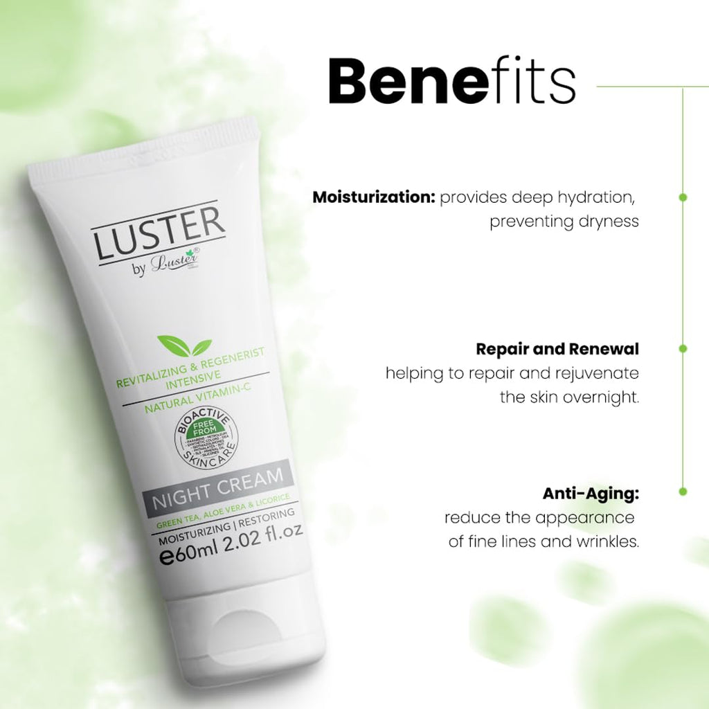 Luster Night Cream Revitalizing & Regenerist Intensive Made With Natural Vitamin â€“ C | Night Cream For Women & Men | Overnight Repair | 100% Organic Acne-Prone Treatment - 60ml