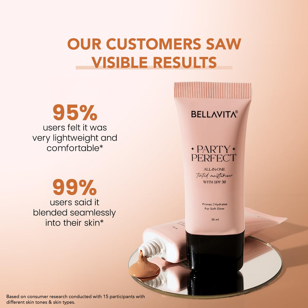 BELLAVITA Party Perfect All-in-one Tinted Moisturizer with SPF 30 | Hydrating Skin Tint, Face Primer & Sunscreen | Lightweight Formula with Adaptive Tint for Natural, Dewy Glow | 30ml (Medium Shade)