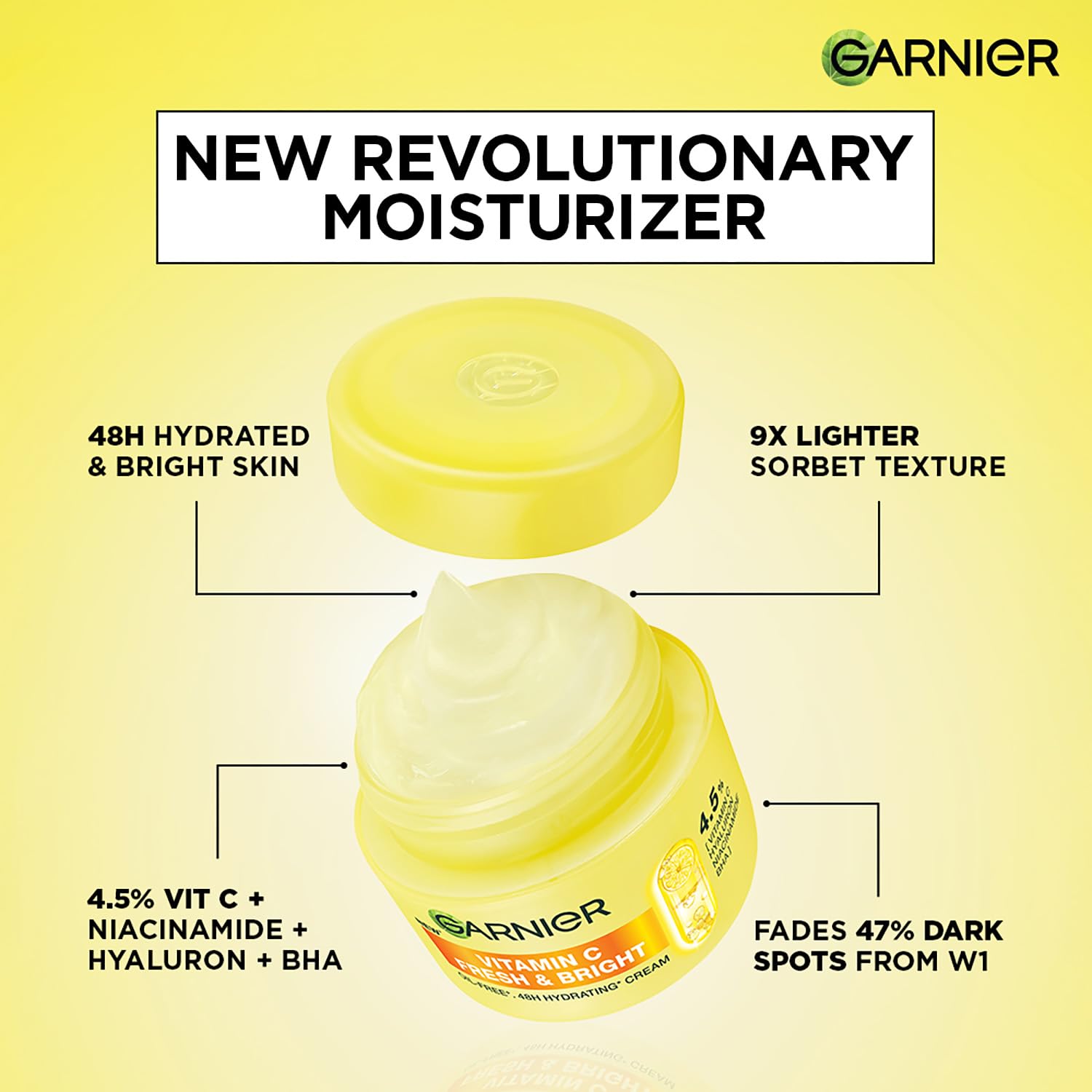Garnier Fresh & Bright Vitamin C Sorbet Moisturizer, 4.5% Vit C + Hyaluronic Acid + Niacinamide + BHA, 9x Lighter Sorbet Cream, For Hydration & Dark Spot Reduction, Suitable for Oily to Normal & Combination Skin, 45g