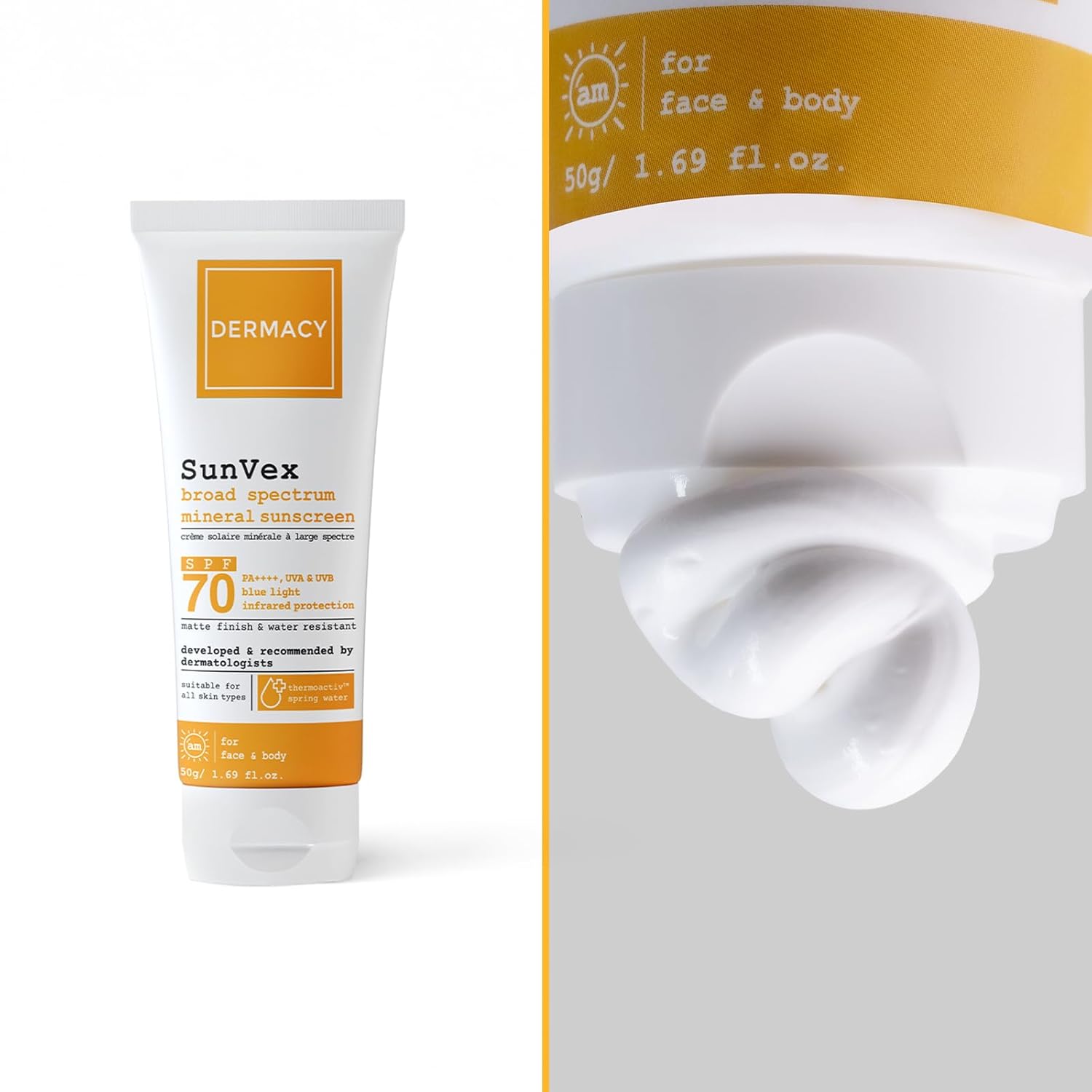 Dermacy Sunvex | Broad - Spectrum Mineral Sunscreen | SPF 70, PA++++ | Effective Coverage From Sun Rays | Suitable For All Skin Types | For Women and Men| 50g