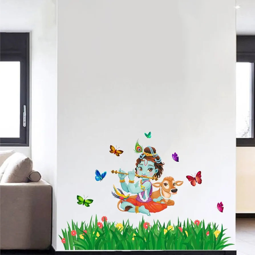 Rawpockets Lord Krishna Flute Singing with Cow and Butterfly Grass Decorative PVC Vinyl Wall Self-Adhesive Sticker