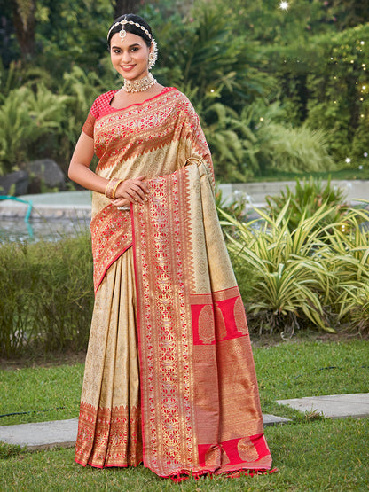 Monjolika Fashion Cream Banarasi Silk Blend Woven Saree with Unstitched Blouse Piece