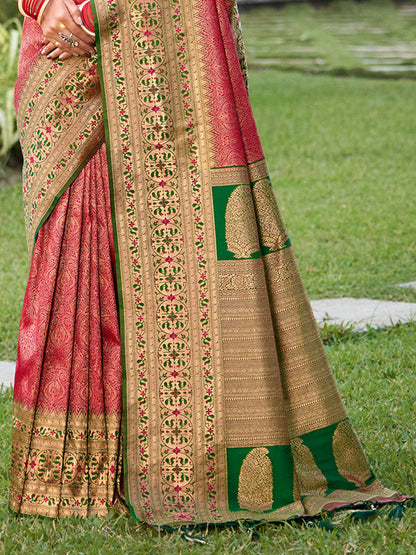 Monjolika Fashion Coral Pink Banarasi Silk Blend Woven Saree with Unstitched Blouse Piece