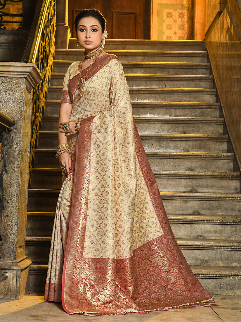 Monjolika Fashion Cream Banarasi Silk Blend Saree with Red Zari Border
