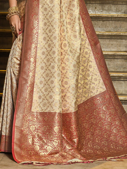 Monjolika Fashion Cream Banarasi Silk Blend Saree with Red Zari Border
