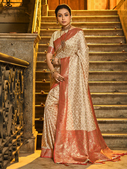 Monjolika Fashion Cream Banarasi Silk Blend Saree with Red Zari Border