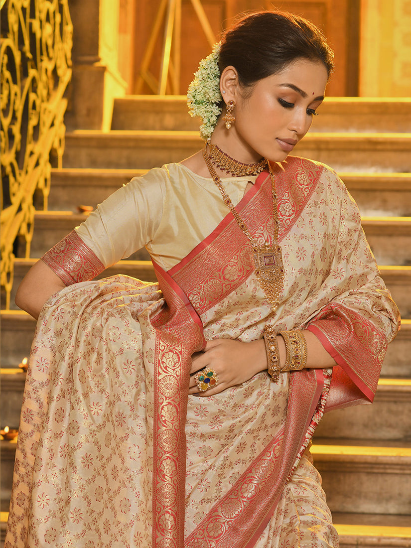 Monjolika Fashion Cream Banarasi Silk Blend Saree with Red Zari Border