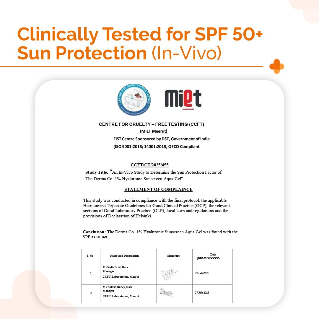 The Derma Co 1% Hyaluronic Sunscreen Aqua Gel SPF 50 PA++++ | Hydrating, Lightweight & Non-Greasy | No White Cast | Broad Spectrum & Blue Light Protection | Clinically Tested - (In-Vivo) | 80 g