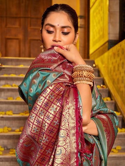 Monjolika Fashion Teal Blue Banarasi Silk Blend Saree with Magenta Zari Border